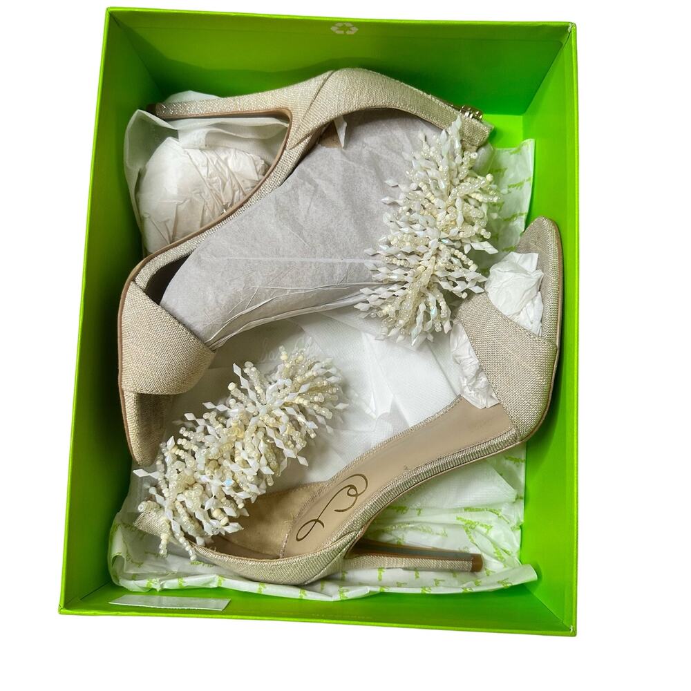 Sam Edelman Gillie Sand Linen Stilettos Open Toe Heels Beaded Size 7.5, 4'' Heel - Picture 10 of 13